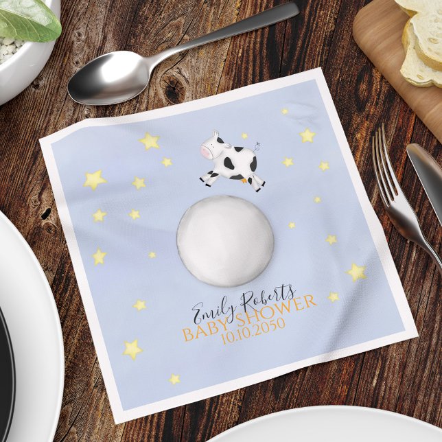 Serviette En Papier Baby shower bleu rime rime personnalisée (Cute whimsical cow jumped over the moon custom party napkin.)
