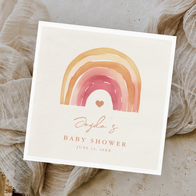Serviette En Papier Baby-Shower Bohème Arc-en-Ciel Terracotta (Boho rainbow hand-painted baby shower napkin.)
