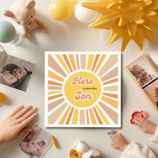 Serviette En Papier Baby Shower Bohème Rétro Jaune Sunshine