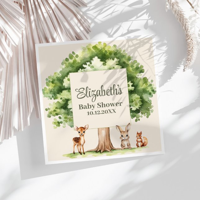 Serviette En Papier Baby shower Boho Cute Woodland Animaux (Boho Cute Woodland Animals Baby Shower Napkins on a sunny white table.)