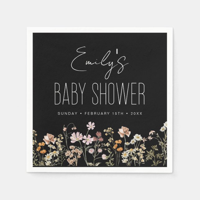 Serviette En Papier Baby shower Boho fleur sauvage En Fleur Noir (Devant)