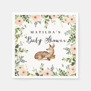Serviette En Papier Baby shower boisé de cerf rose aquarelle