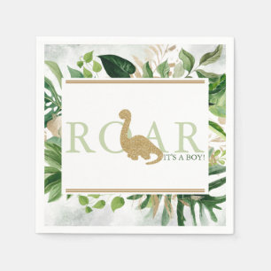 Serviette En Papier Baby shower Brontosaurus Cocktail Vert et Or