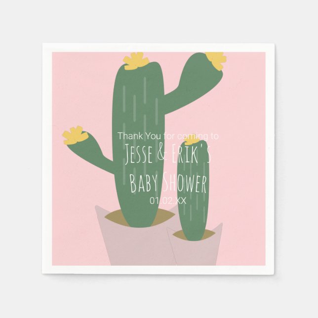 Serviette En Papier Baby shower Cactus Cupcakes Merci rose (Devant)