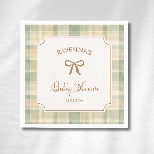 Serviette En Papier Baby Shower Carreaux Marron Sage Doré Vintage
