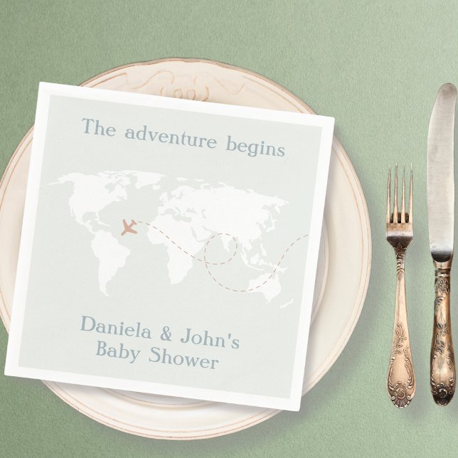 Serviette En Papier Baby shower Carte du monde de Voyage d'aventure (Adventure Travel World Map Baby Shower Napkins)