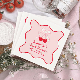 Serviette En Papier Baby-Shower Cerise Sur Le Haut Ruban Rose Rouge