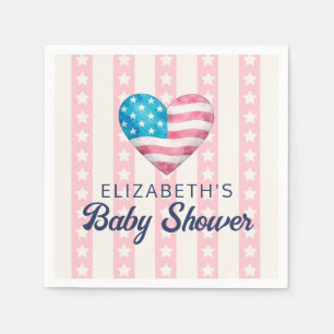 Serviette En Papier Baby Shower Cœur & Étoiles Roses et Rayures