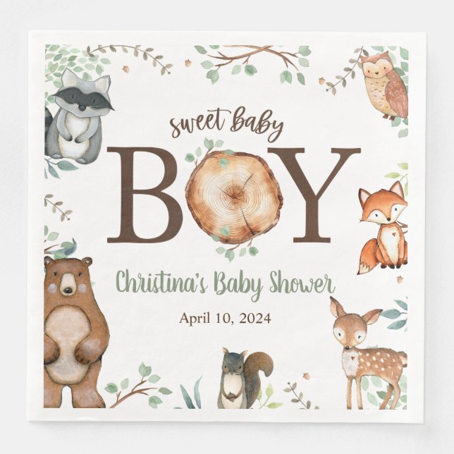 Serviette En Papier Baby shower d'animaux de bois (Devant)