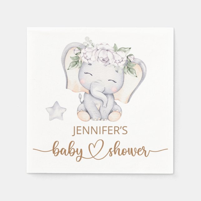 Serviette En Papier Baby shower d'aquarelle bébé éléphant (Devant)