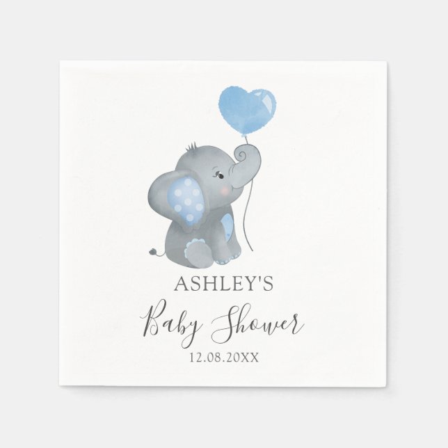 Serviette En Papier Baby shower d'aquarelle bleu petit éléphant (Devant)
