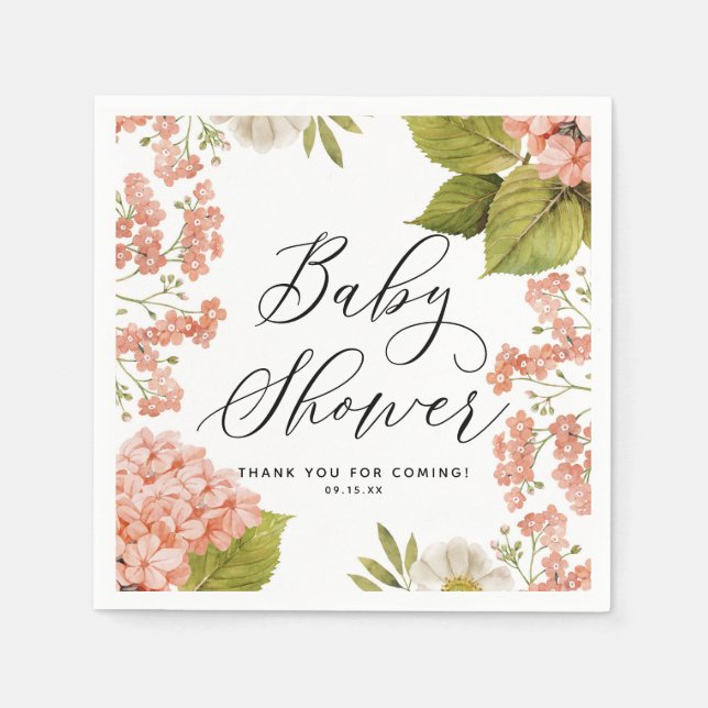 Serviette En Papier Baby shower d'aquarelle de pêche rustique Hydrange (Devant)