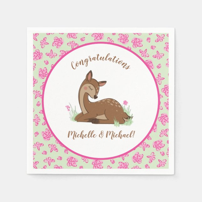 Serviette En Papier Baby shower de cerfs Forêt Faune rose (Devant)