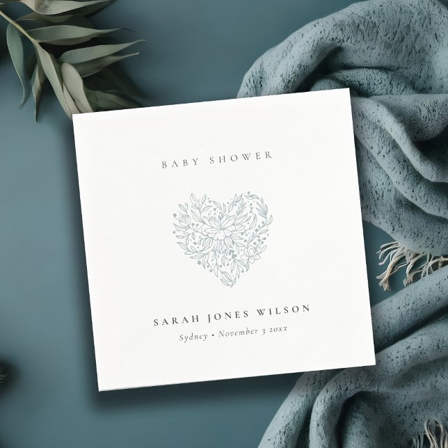 Serviette En Papier Baby shower de coeur floral bleu doux (Créateur téléchargé)