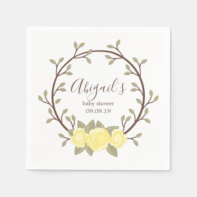 Serviette En Papier Baby shower de couronne fleurie jaune mignon (Devant)