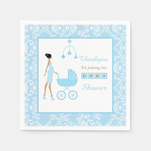 Serviette En Papier Baby shower de femme afro-américaine Blue Damask (Devant)