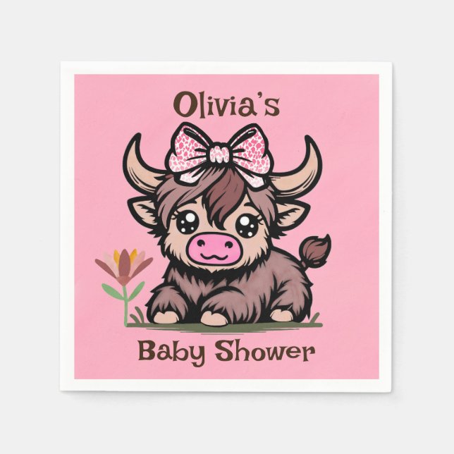 Serviette En Papier Baby shower de fille de vache rose Tan Highland (Devant)