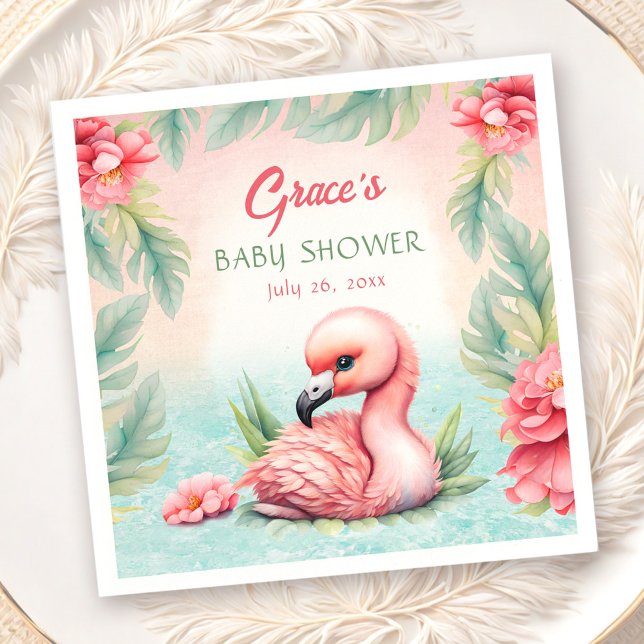 Serviette En Papier Baby shower de fille Flamant rose rose d'été tropi (Tropical Summer Pink Flamingo Girl Baby Shower Napkins)