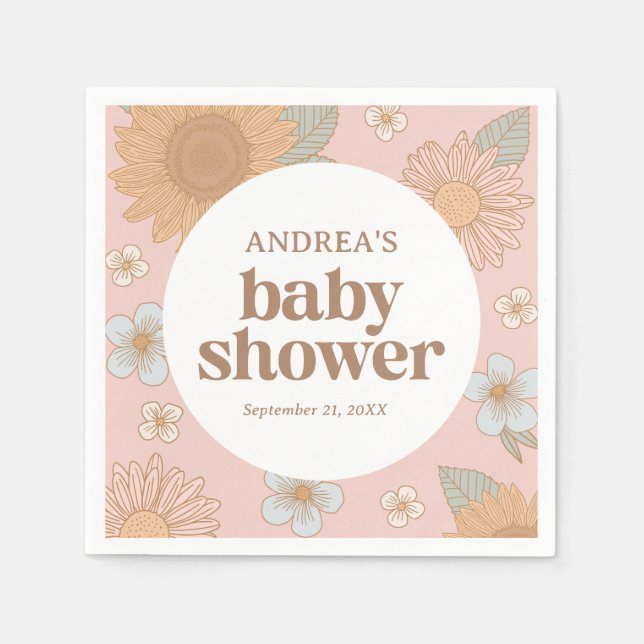 Serviette En Papier Baby shower de fille Fleur sauvage rétros (Devant)