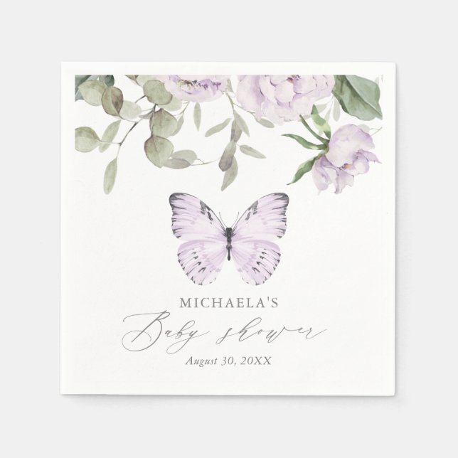 Serviette En Papier Baby shower de fille papillon floral pourpre (Devant)