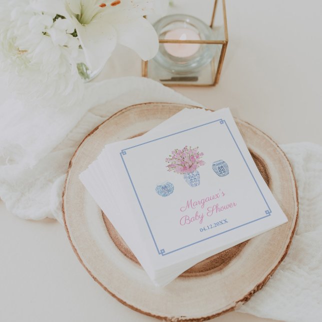 Serviette En Papier Baby shower de la Chinoiserie Blue Pink (Chinoiserie chic Pink and blue baby shower napkins with ginger jar and greek key border)