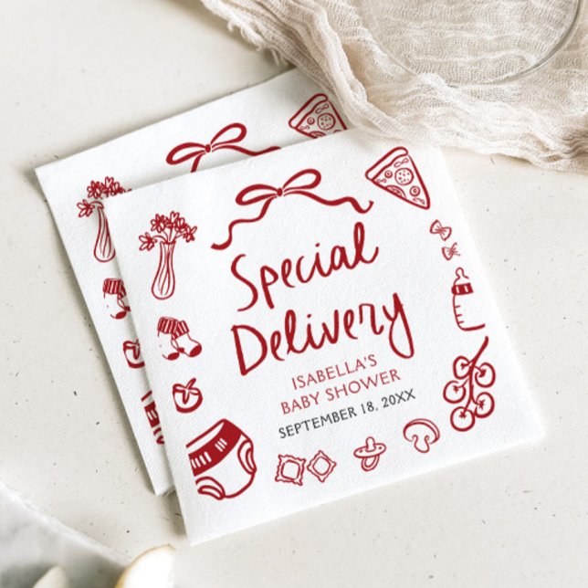 Serviette En Papier Baby shower de livraison spécial Pizza à main roug (Red Hand Drawn Pizza Special Delivery Baby Shower Napkins)