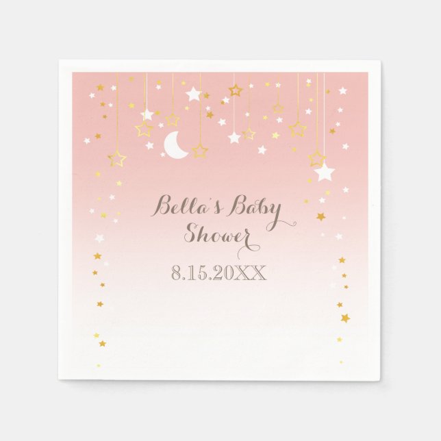 Serviette En Papier Baby shower de lune aux étoiles roses (Devant)