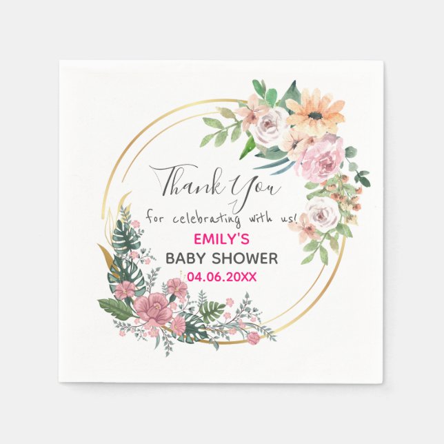 Serviette En Papier Baby shower de Merci de  rose fleuri (Devant)