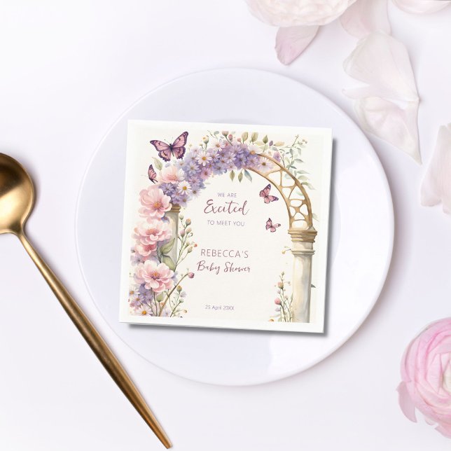 Serviette En Papier Baby shower de papillons pastel de jardin enchanté (Enchanted garden baby shower personalized tableware pastel butterflies baby shower template napkins)