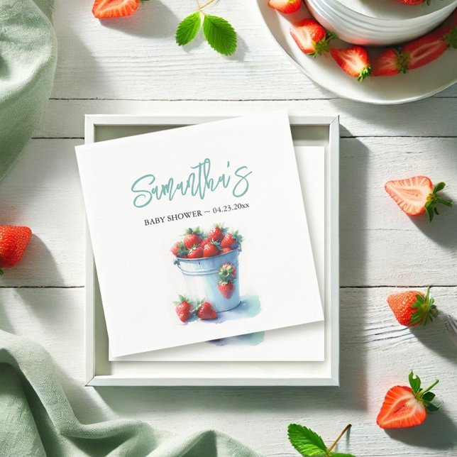 Serviette En Papier Baby shower de pinte aux fraises (Strawberry napkins cute farmers market art in watercolor shades of red)