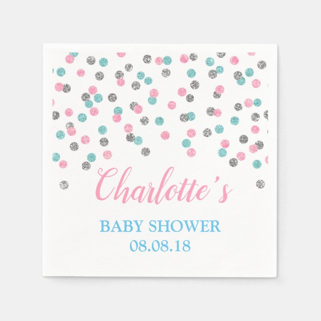 Serviette En Papier Baby shower de points en argent rose bleu (Devant)