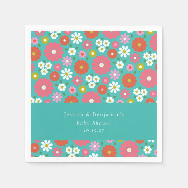 Serviette En Papier Baby shower de printemps Turquoise rose rétro (Devant)