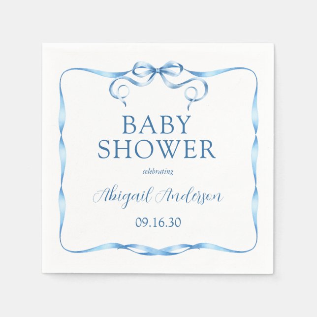Serviette En Papier Baby shower de ruban bleu aquarelle (Devant)