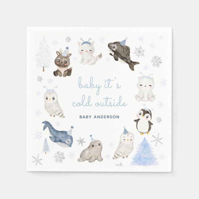 Serviette En Papier Baby shower des animaux de neige d'hiver (Devant)
