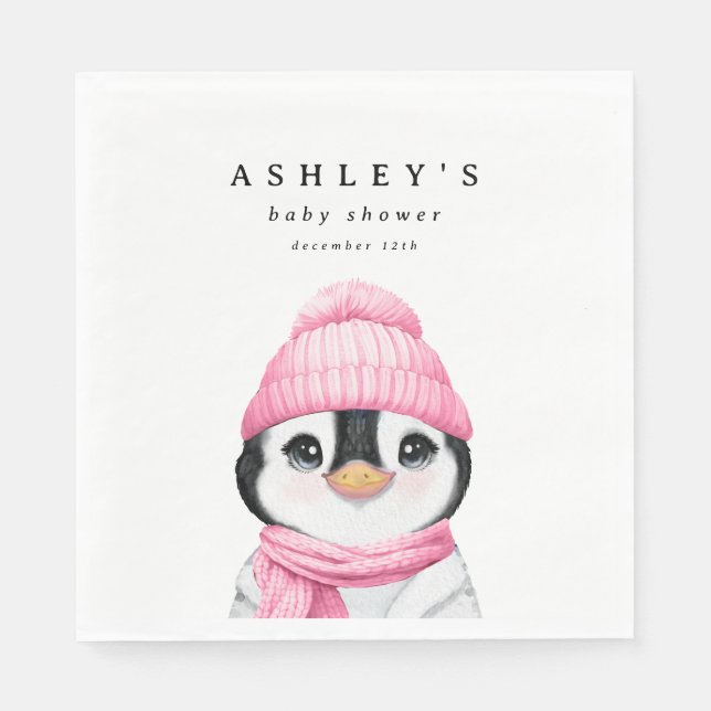 Serviette En Papier Baby shower d'hiver Pingouin Rose (Devant)