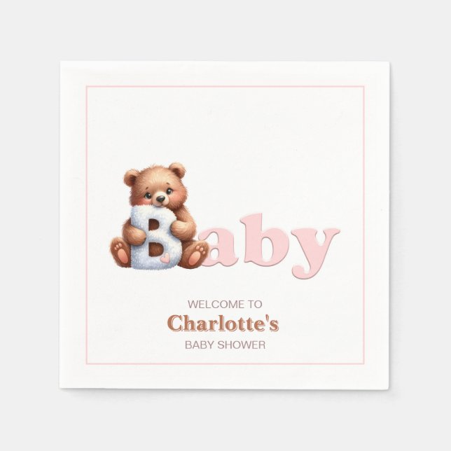 Serviette En Papier Baby shower d'ours en peluche rose (Devant)