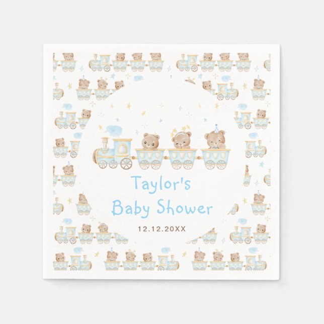 Serviette En Papier Baby shower du train Bear Blue (Devant)
