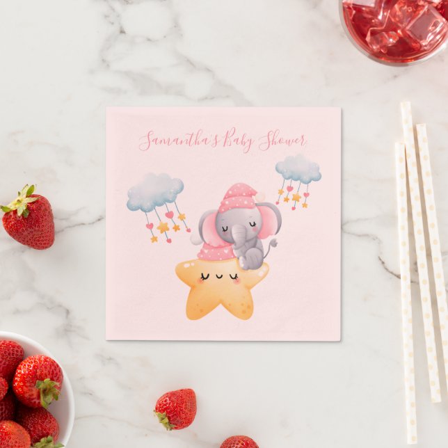 Serviette En Papier Baby shower éléphant rose personnalisé pour bébé (En situation)
