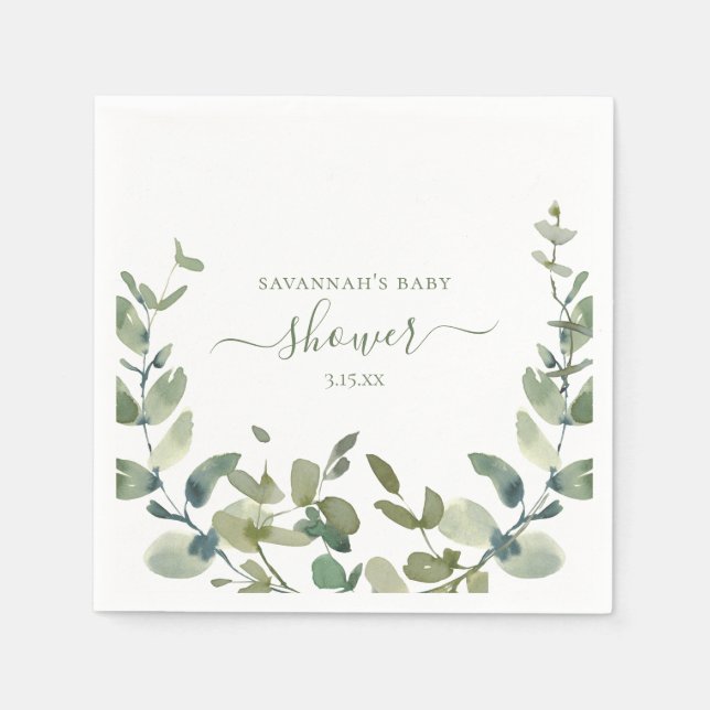 Serviette En Papier Baby shower Eucalyptus aquarelle (Devant)