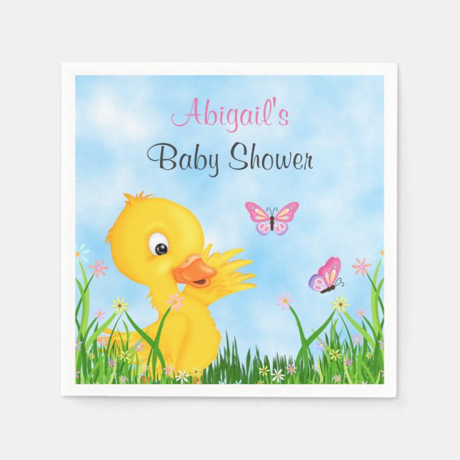 Serviette En Papier Baby shower fille aux canards mignons et papillons (Devant)