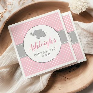 Serviette En Papier Baby Shower Fille Eléphant Rose Gris À Points