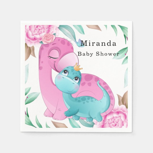 Serviette En Papier Baby shower fille Peony rose Turquoise Dinosaures (Devant)