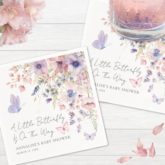Serviette En Papier Baby shower Fleur sauvage papillon (Butterfly Wildflower Baby Shower Napkins)
