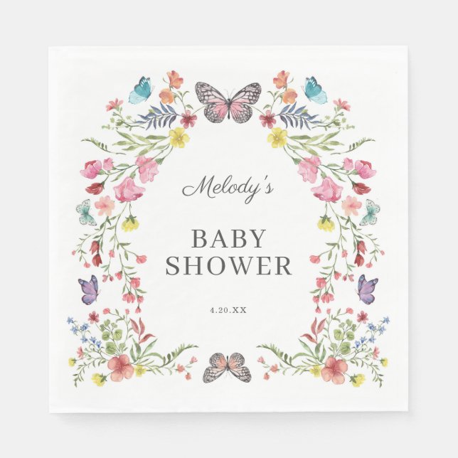 Serviette En Papier Baby shower Fleur sauvage papillon (Devant)
