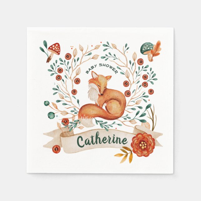 Serviette En Papier Baby shower fleuri de renard mou (Devant)