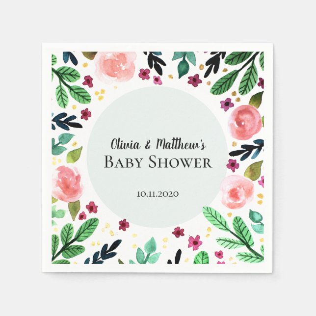 Serviette En Papier Baby Shower Fleurs Aquarelles Jolies Filles (Devant)