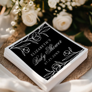 Serviette En Papier Baby Shower Fleurs Esquissées Noir et Blanc