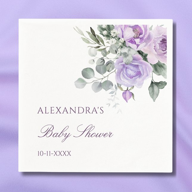 Serviette En Papier Baby shower floral à l'aquarelle de lavande (Créateur téléchargé)