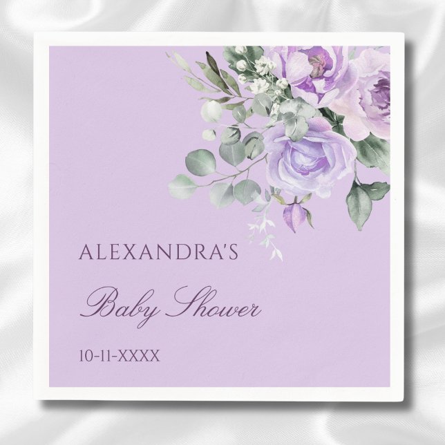 Serviette En Papier Baby shower floral à l'aquarelle de lavande (Créateur téléchargé)