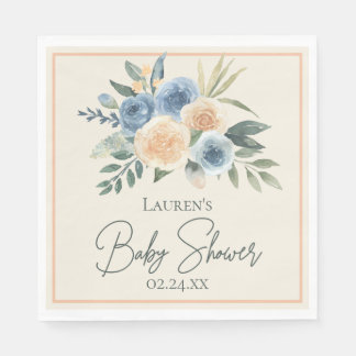 Serviette En Papier Baby shower floral bleu et blanc